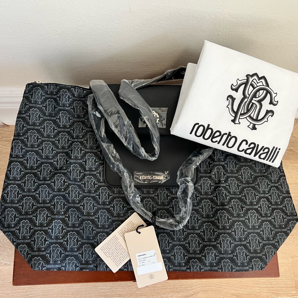 Roberto Cavalli Borsa Black Large Nylon Monogram Print Logo Folding Shopper Bag